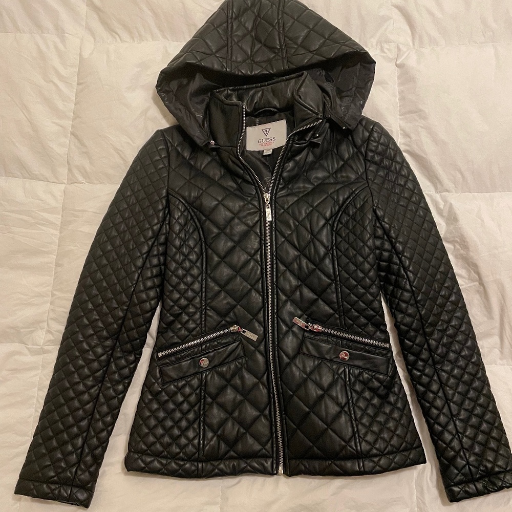 Guess Quilted Leather Jacket Black Size XS